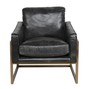 Ken Accent Chair in Jet Black Leather with Iron Base
