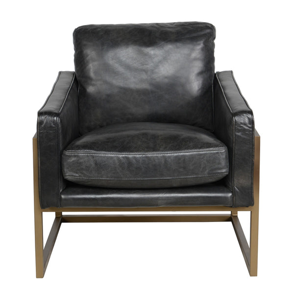 Ken Accent Chair in Jet Black Leather with Iron Base