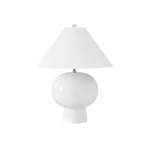 BULB SHAPE CERAMIC TABLE LAMP WITH WHITE LINEN COOLIE SHADE IN WHITE