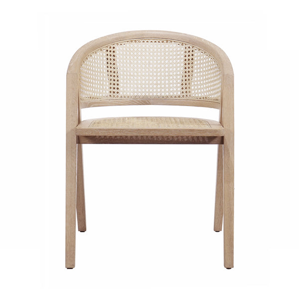 CANE BARREL BACK DINING CHAIR IN CERUSED OAK