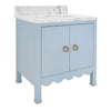 BATH VANITY WITH SCALLOP DETAIL IN MATTE LIGHT BLUE WITH WHITE MARBLE TOP AND PORCELAIN SINK