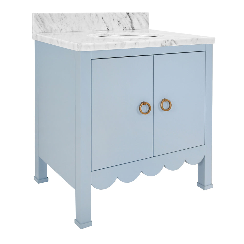 BATH VANITY WITH SCALLOP DETAIL IN MATTE LIGHT BLUE WITH WHITE MARBLE TOP AND PORCELAIN SINK