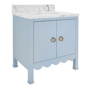 BATH VANITY WITH SCALLOP DETAIL IN MATTE LIGHT BLUE WITH WHITE MARBLE TOP AND PORCELAIN SINK