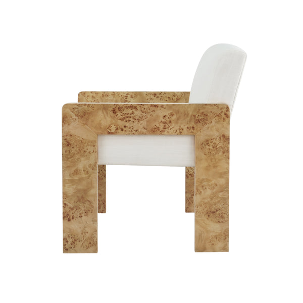 SQUARE ARM WOODEN ACCENT CHAIR IN BURL WOOD WITH PERFORMANCE WHITE LINEN UPHOLSTERY