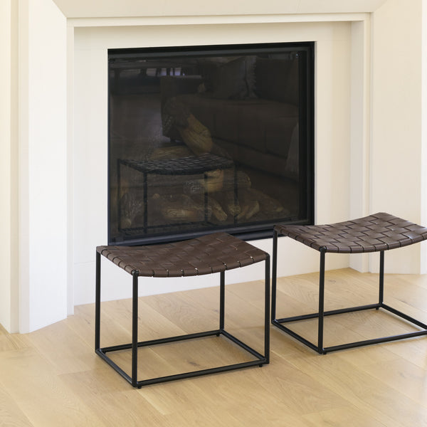 Clarissa 22.0L x 16.0W x 16.5H Brown Leather Woven Seat W/ Black Metal Frame Stool