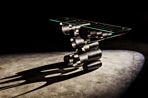 Paradox Console Table in Matte Black Industrial Steel with Glass Top