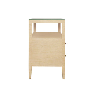 TWO DRAWER SIDE TABLE WITH OPEN TOP SHELF IN NATURAL GRASSCLOTH WITH POLISHED BRASS KNOBS