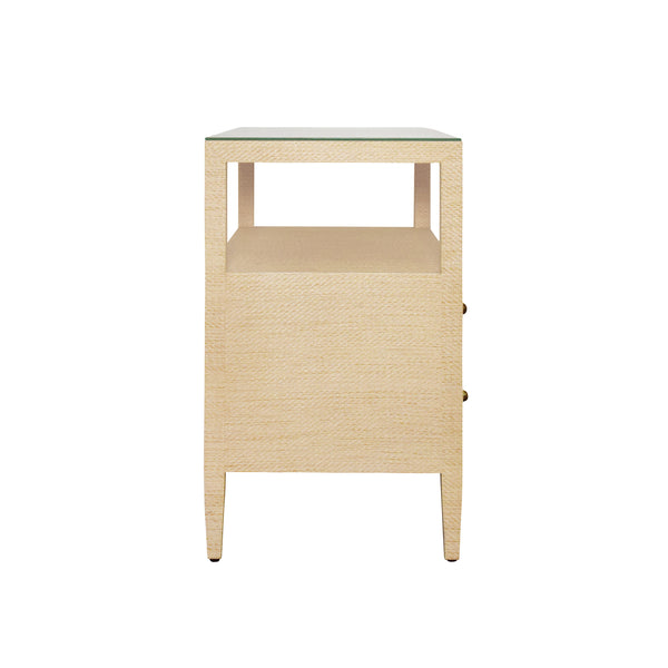 TWO DRAWER SIDE TABLE WITH OPEN TOP SHELF IN NATURAL GRASSCLOTH WITH POLISHED BRASS KNOBS