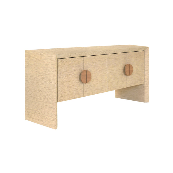 FOUR DOOR BUFFET IN NATURAL GRASSCLOTH WITH CERUSED OAK HANDLES