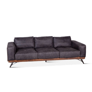 Mid-Century Leather and Wood Sofa, Antique Ebony