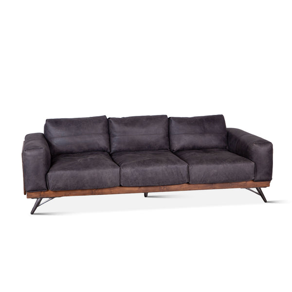 Mid-Century Leather and Wood Sofa, Antique Ebony