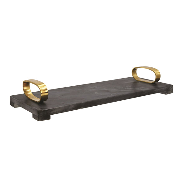 BLACK MARBLE TRAY WITH BRASS OVAL SHAPED HANDLE