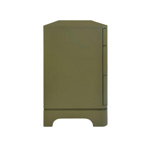 SIX DRAWER ROUNDED EDGE CHEST WITH BRASS BEETLE KNOB IN OLIVE GREEN MATTE LACQUER
