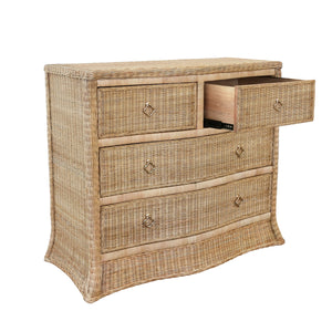 FOUR DRAWER CHEST IN WOVEN RATTAN WITH SATIN BRASS PULLS