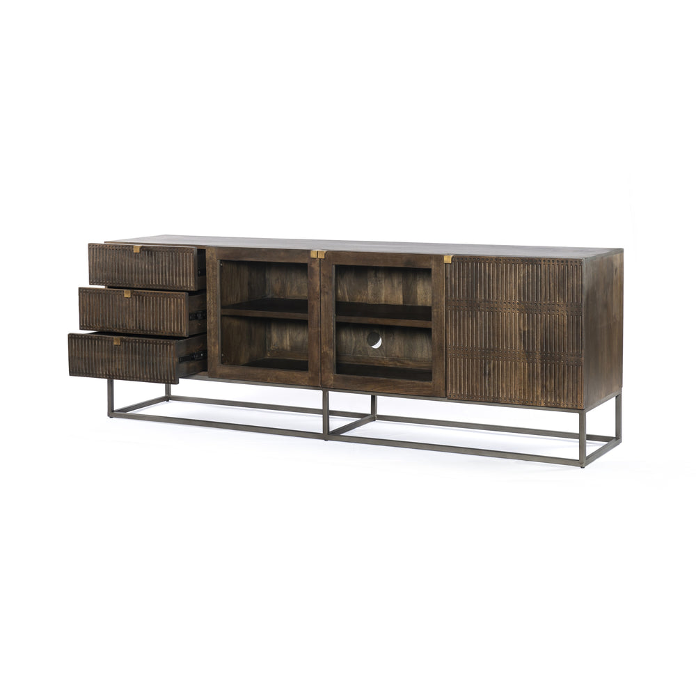 Kelby Media Console-Carved Vintage Brown