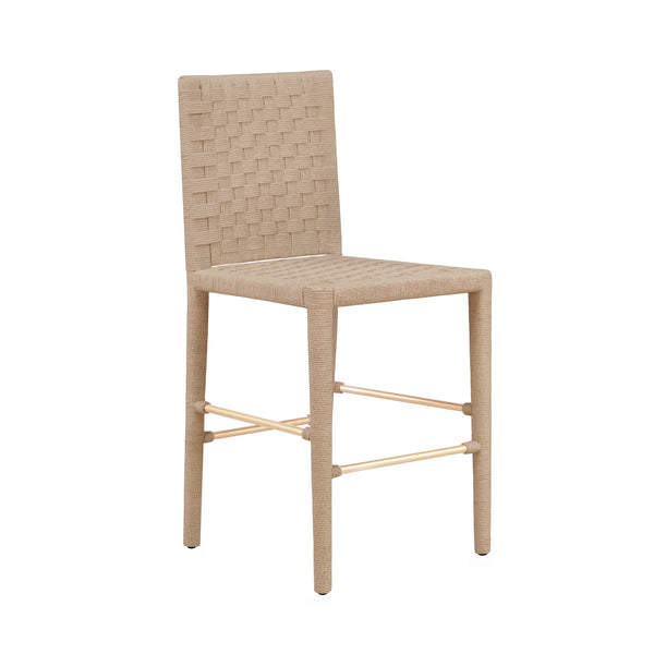 NATURAL ROPE BASKETWEAVE PATTERN COUNTER STOOL WITH ANTIQUE BRASS STRETCHER