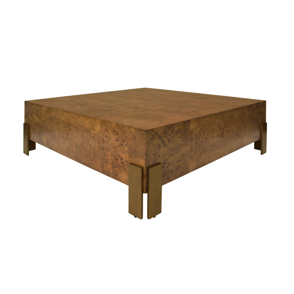 SQUARE CHUNK COFFEE TABLE WITH ANTIQUE BRASS LEG BRACKETS IN DARK BURL WOOD
