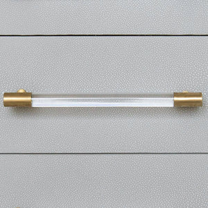 THREE DRAWER SIDE TABLE IN LIGHT GREY SHAGREEN WITH ANTIQUE BRASS AND ACRYLIC HARDWARE