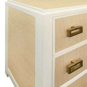 SIX DRAWER CHEST WITH MATTE WHITE LACQUER FRAME AND NATURAL GRASSCLOTH DRAWER FRONTS