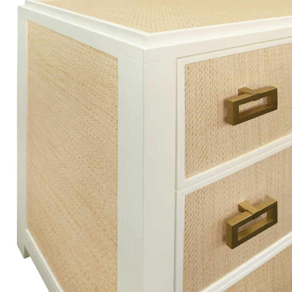 SIX DRAWER CHEST WITH MATTE WHITE LACQUER FRAME AND NATURAL GRASSCLOTH DRAWER FRONTS