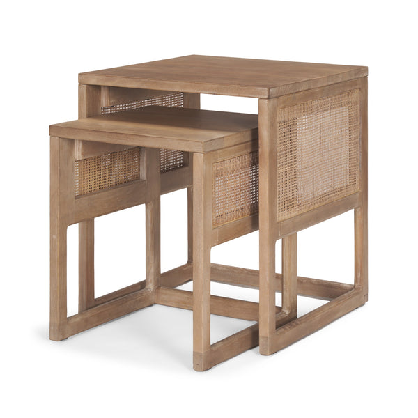 Grier Set of 2 Light Brown Solid Wood w/ Cane Nesting Accent Tables