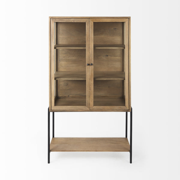 Arelius 36L x 18W x 63H Light Brown Wood W/ Black Metal Base Display Cabinet