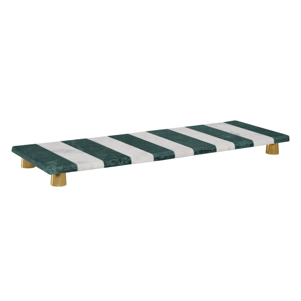 GREEN AND WHITE MARBLE TRAY WITH BRASS FEET