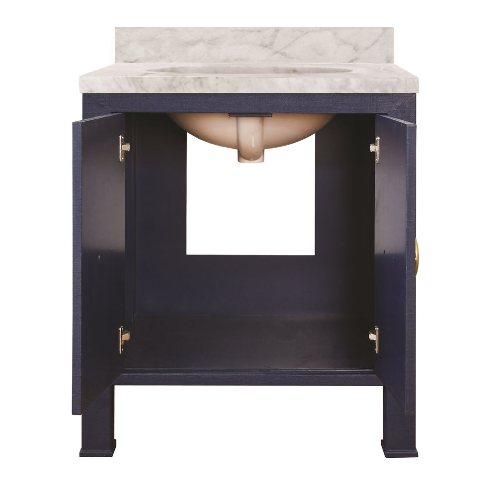BATH VANITY IN TEXTURED NAVY LINEN W/ ANT. BRASS HARDWARE, WHITE MARBLE TOP, AND PORCELAIN SINK