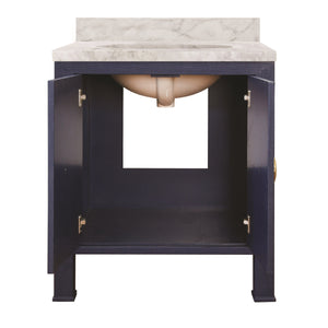 BATH VANITY IN TEXTURED NAVY LINEN W/ ANT. BRASS HARDWARE, WHITE MARBLE TOP, AND PORCELAIN SINK
