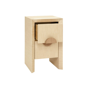 TWO DRAWER SMALL SIDE TABLE IN NATURAL GRASSCLOTH WITH CERUSED OAK HANDLES