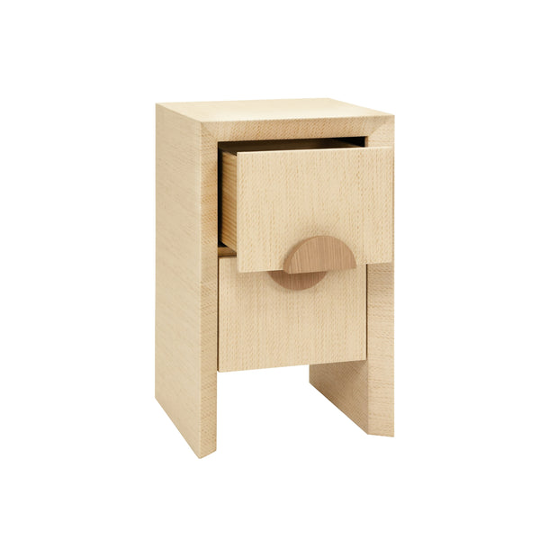 TWO DRAWER SMALL SIDE TABLE IN NATURAL GRASSCLOTH WITH CERUSED OAK HANDLES