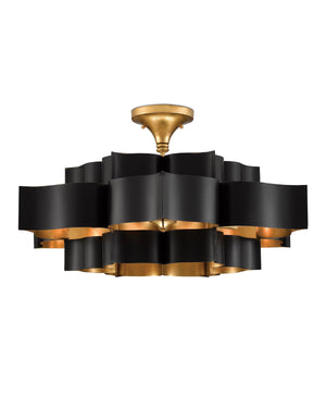 Grand Lotus Black Large Chandelier In Satin Black & Contemporary Gold Leaf