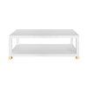 COFFEE TABLE WITH ANTIQUE BRASS FOOT CAPS IN MATTE WHITE LACQUER