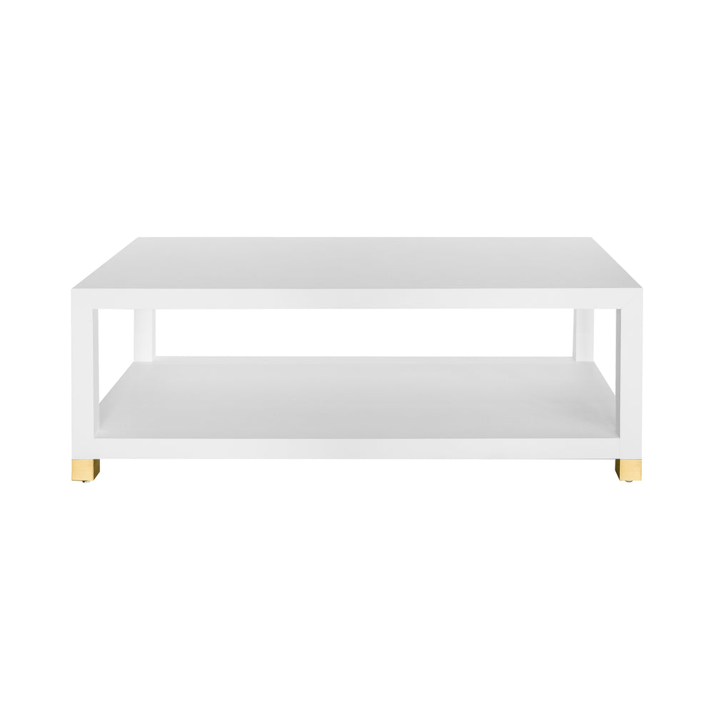 COFFEE TABLE WITH ANTIQUE BRASS FOOT CAPS IN MATTE WHITE LACQUER