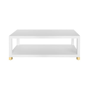 COFFEE TABLE WITH ANTIQUE BRASS FOOT CAPS IN MATTE WHITE LACQUER