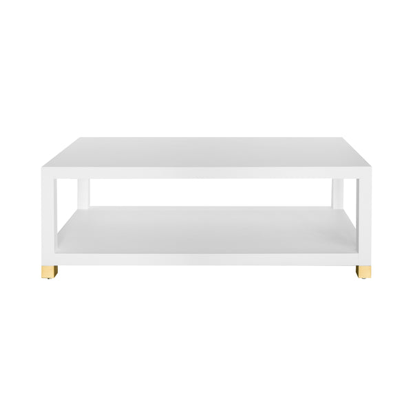 COFFEE TABLE WITH ANTIQUE BRASS FOOT CAPS IN MATTE WHITE LACQUER