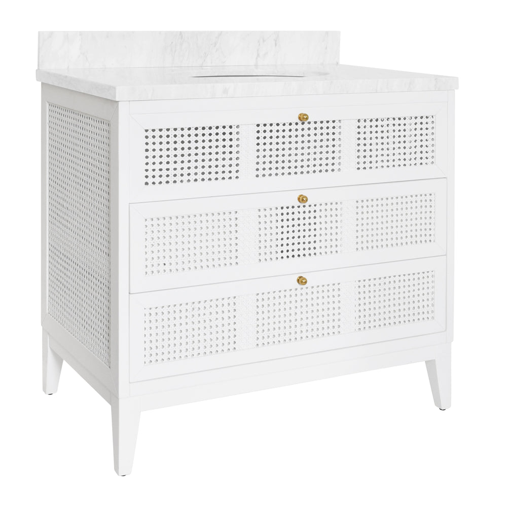 BATH VANITY IN MATTE WHITE LACQUER WITH CANE FRONT DRAWERS, WHITE MARBLE TOP, AND PORCELAIN SINK