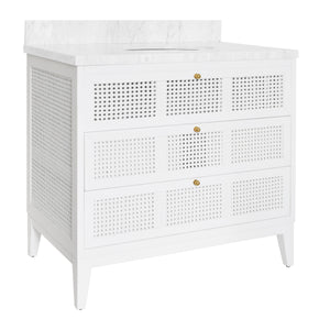 BATH VANITY IN MATTE WHITE LACQUER WITH CANE FRONT DRAWERS, WHITE MARBLE TOP, AND PORCELAIN SINK