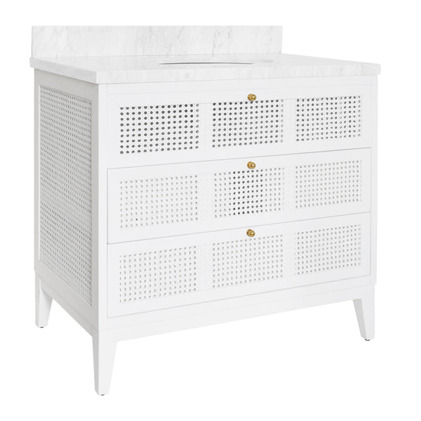 BATH VANITY IN MATTE WHITE LACQUER WITH CANE FRONT DRAWERS, WHITE MARBLE TOP, AND PORCELAIN SINK