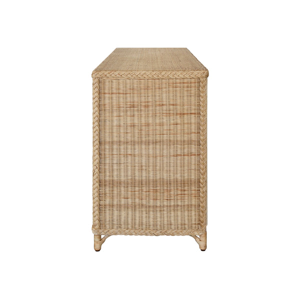 FOUR DOOR BUFFET IN FULLY WRAPPED RATTAN WITH SATIN BRASS PULLS