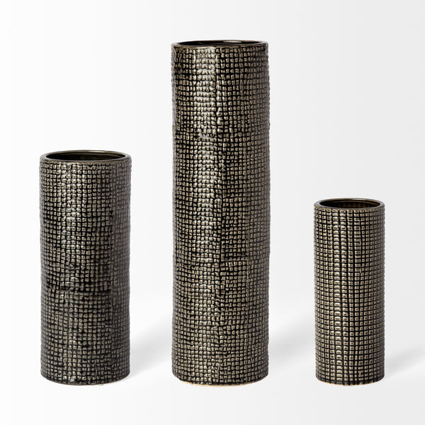 Kona III Large Black/Gold Cylindrical Ceramic Vase