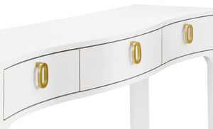 CURVED FRONT CONSOLE WITH THREE DRAWERS IN TEXTURED WHITE LINEN WITH SATIN BRASS RING HARDWARE AND GLASS TOP
