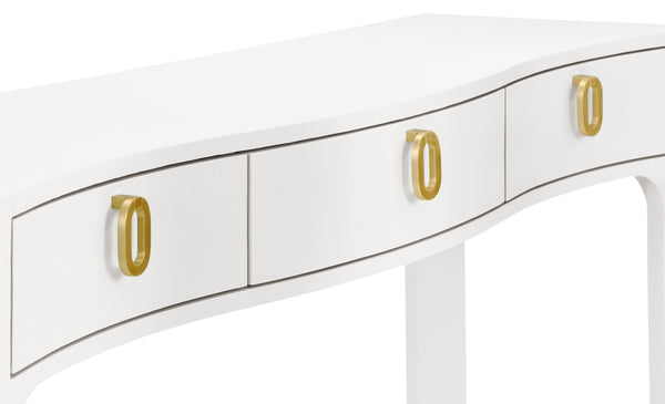 CURVED FRONT CONSOLE WITH THREE DRAWERS IN TEXTURED WHITE LINEN WITH SATIN BRASS RING HARDWARE AND GLASS TOP