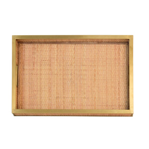 RECTANGULAR NATURAL WICKER RATTAN TRAY WITH FRAMED BRASS EDGE