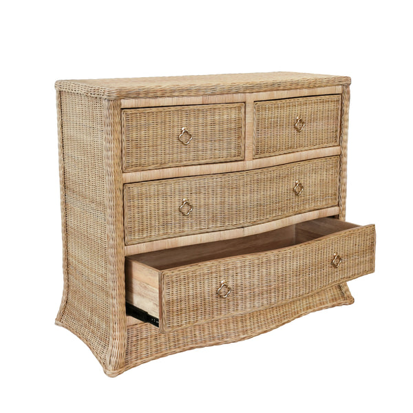 FOUR DRAWER CHEST IN WOVEN RATTAN WITH SATIN BRASS PULLS