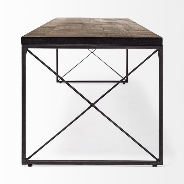 Trestman III 66L x 18W Brown Wood Top W/Black Iron Base Accent Bench