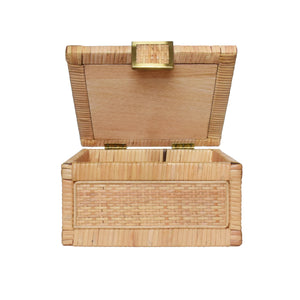 SMALL NATURAL RATTAN DECORATIVE BOX WITH BRASS FOOT CAPS