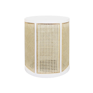 CANE SIDE TABLE WITH MATTE WHITE LACQUER WOOD FRAME