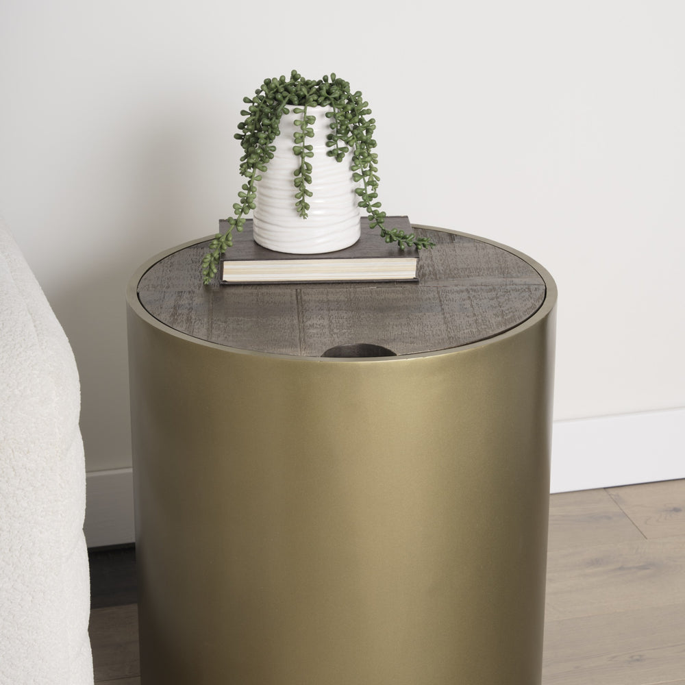 Eclipse Gold Metal Drum Base w/ Dark Brown Wood Top End/Side Table