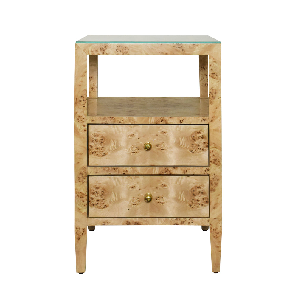 TWO DRAWER SIDE TABLE IN BURL WOOD WITH POLISHED BRASS KNOBS